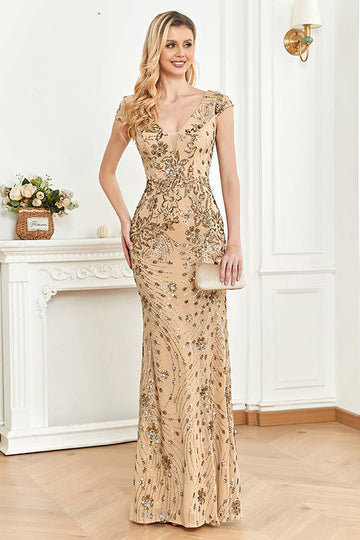 Golden Sheath V- Neck Formal Evening Dress with Beading
